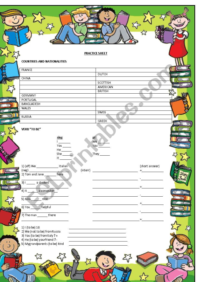 VERB TO BE; COUNTRIES AND NATIONALITIES; FAMILY WORDS: PRACTICE SHEET