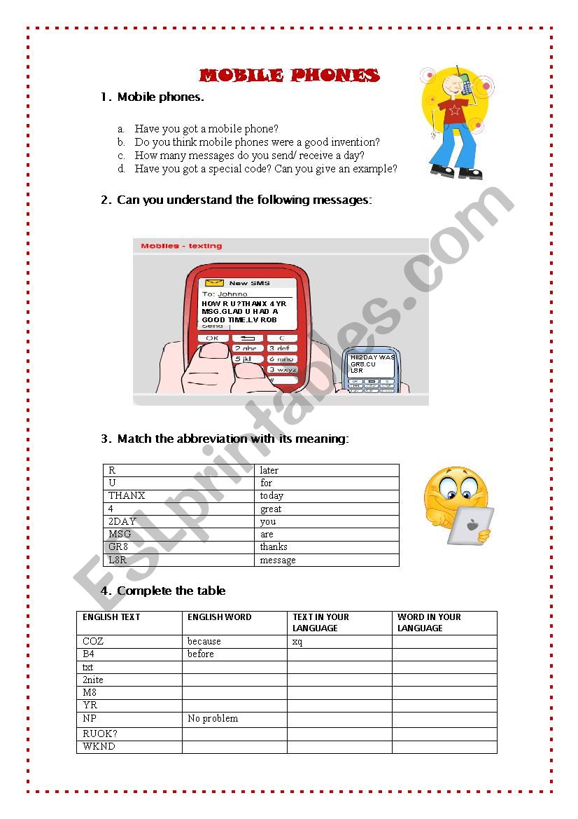 Mobile phones worksheet