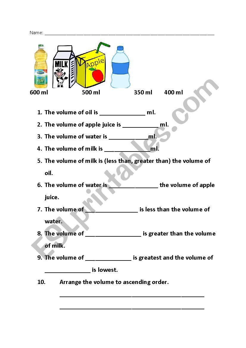 Volume for grade 2 worksheet