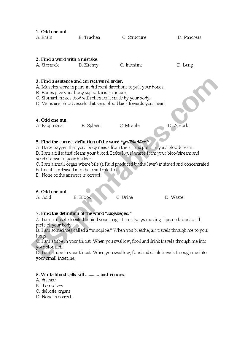 Anatomy organs quiz worksheet