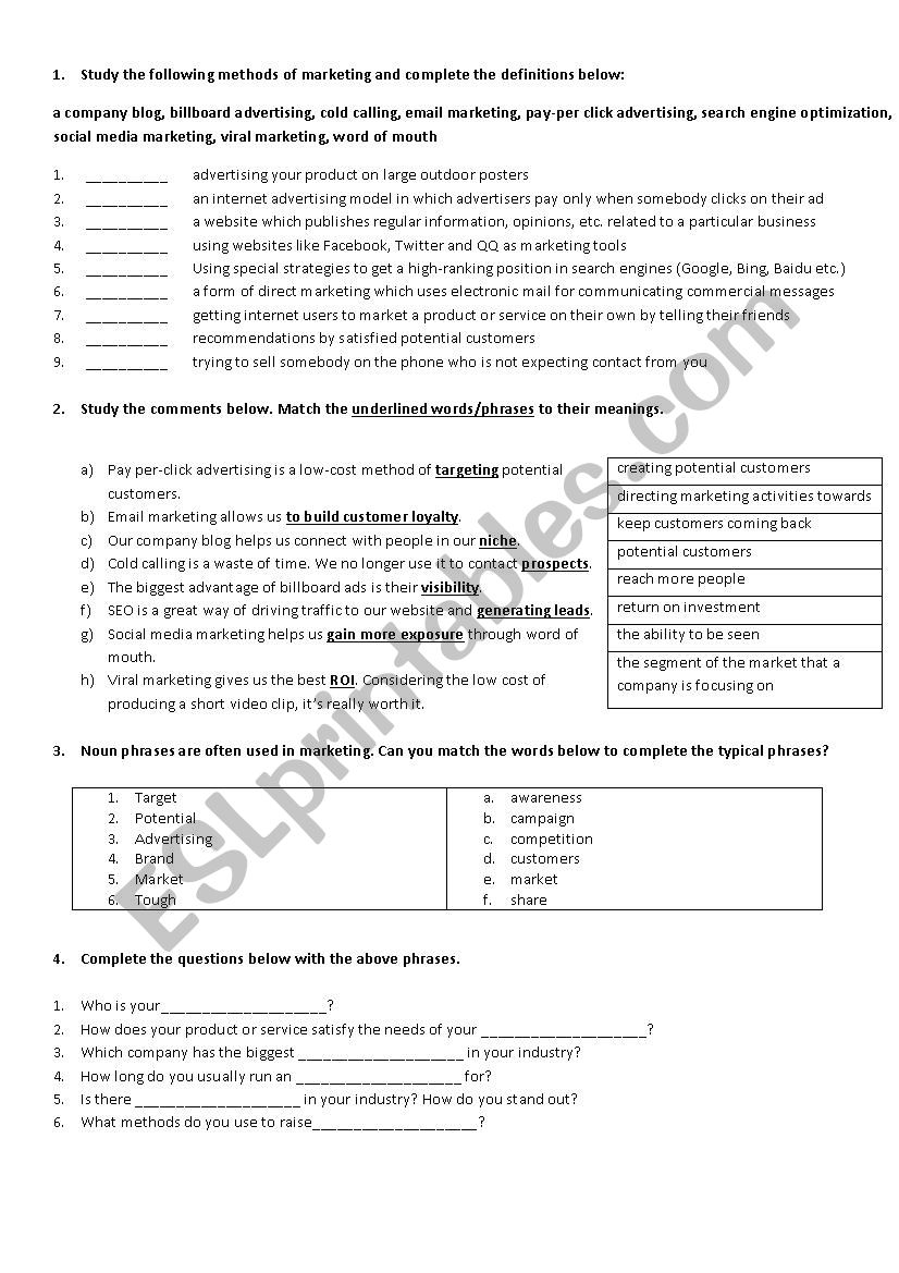 Marketing vocabulary worksheet