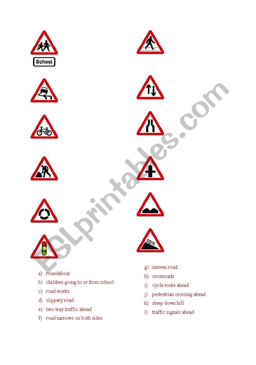 chosen road signs worksheet