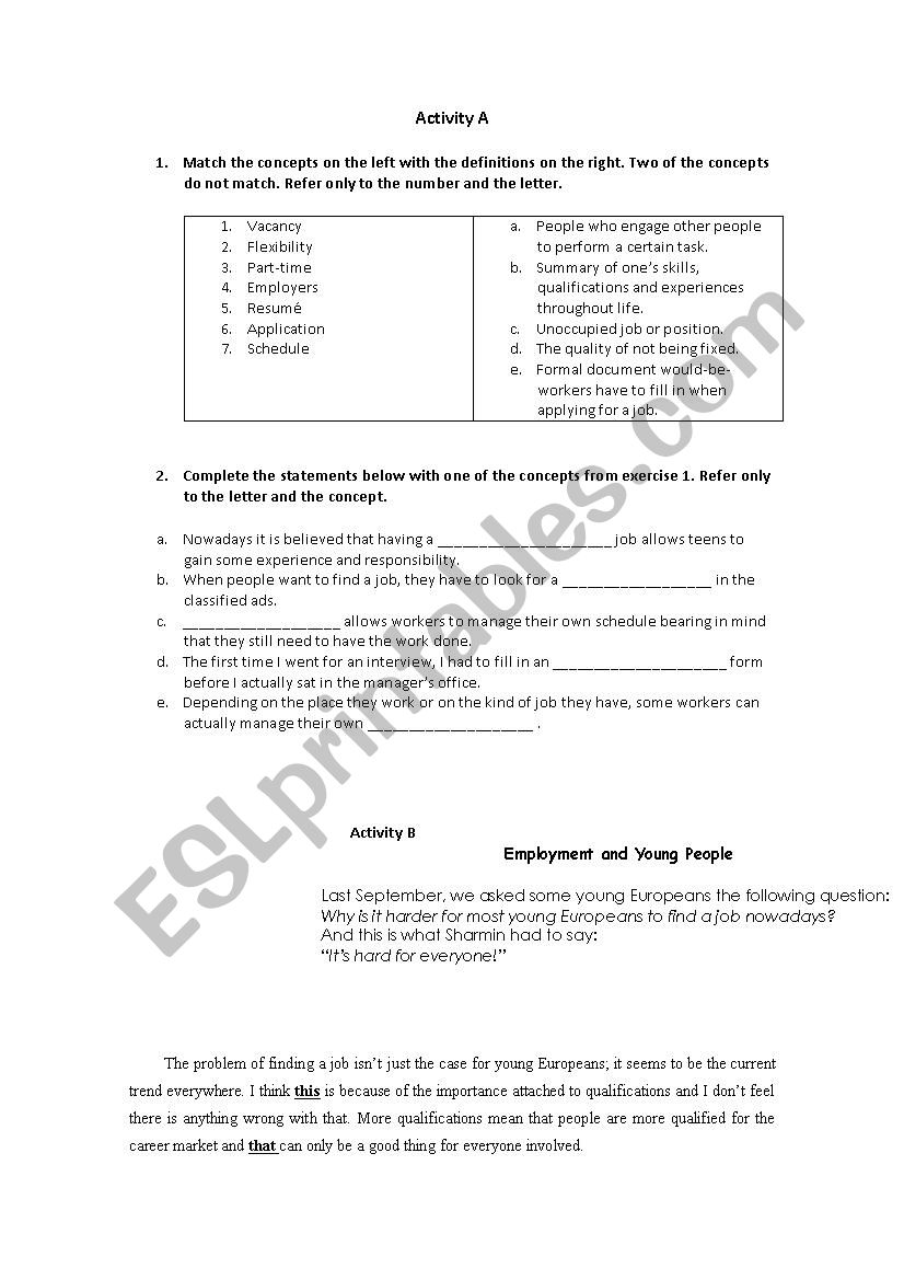 Finding a job worksheet