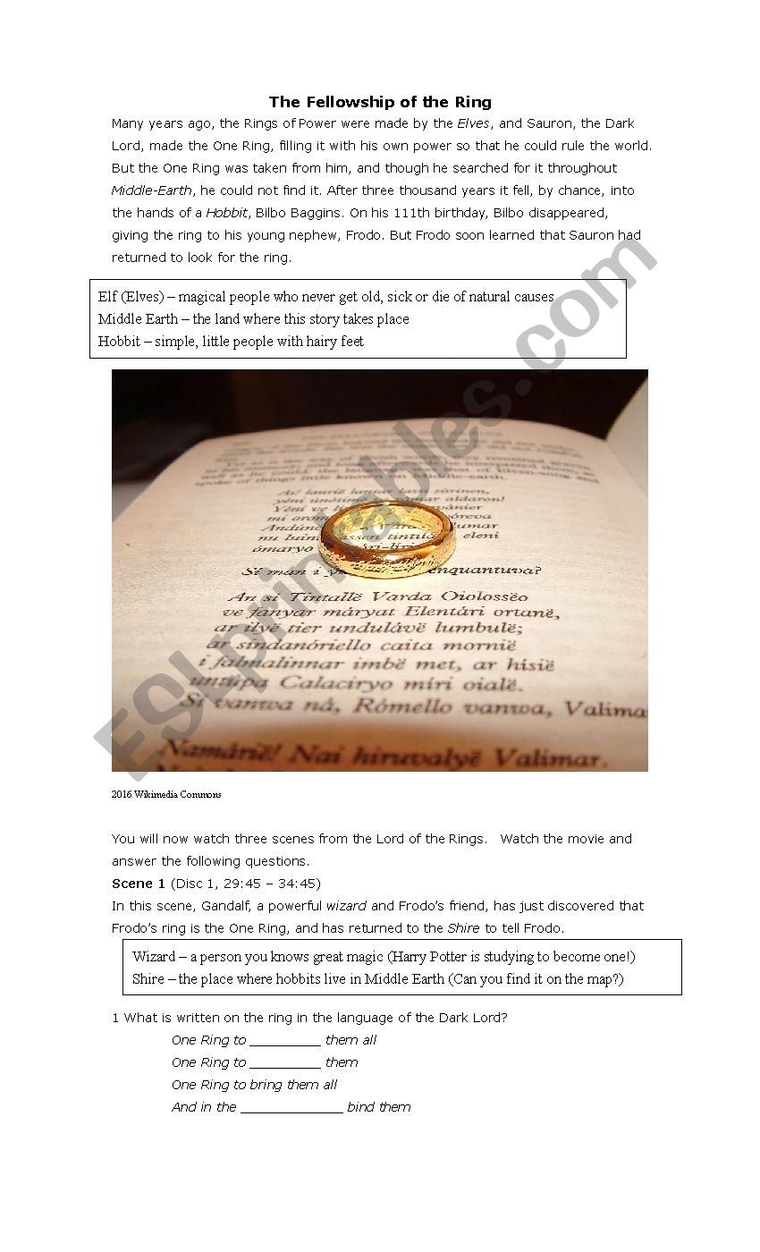 Worksheet Lord of the Rings worksheet