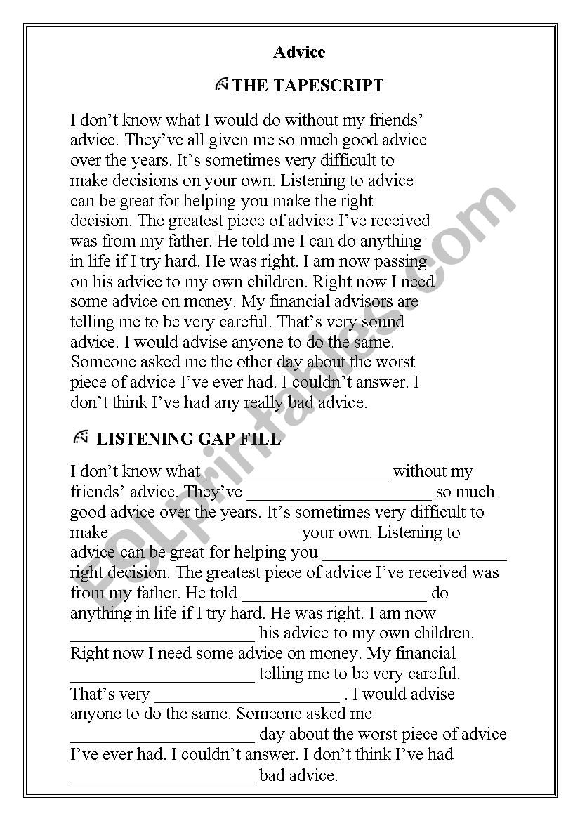 grammer Advice worksheet