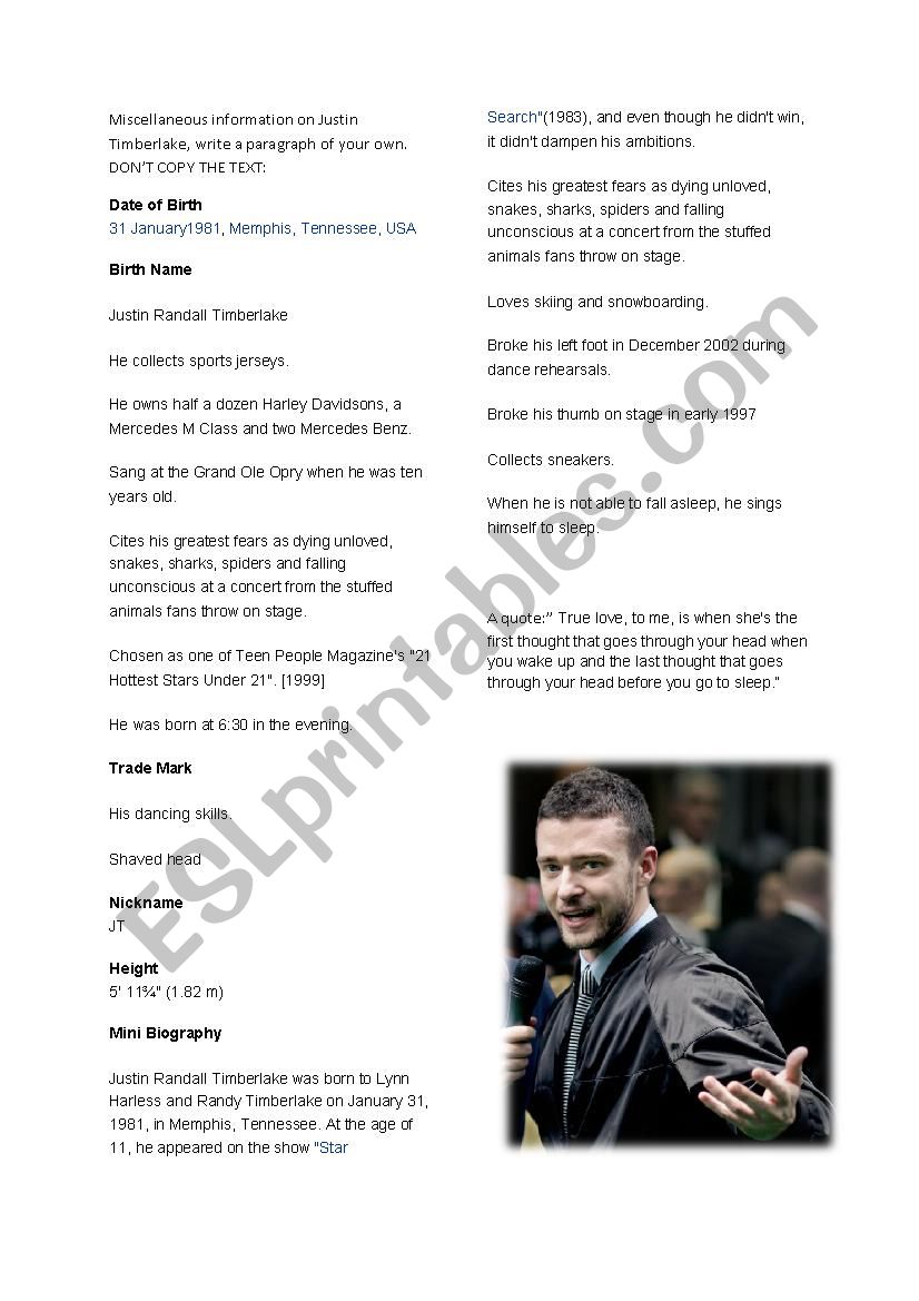 Justin Timberlake, creative writing.