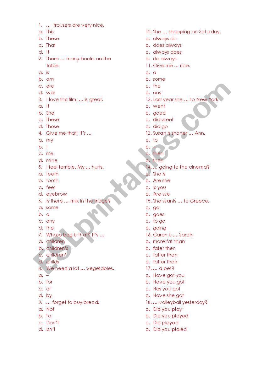 a multiple-choice test in general English part one