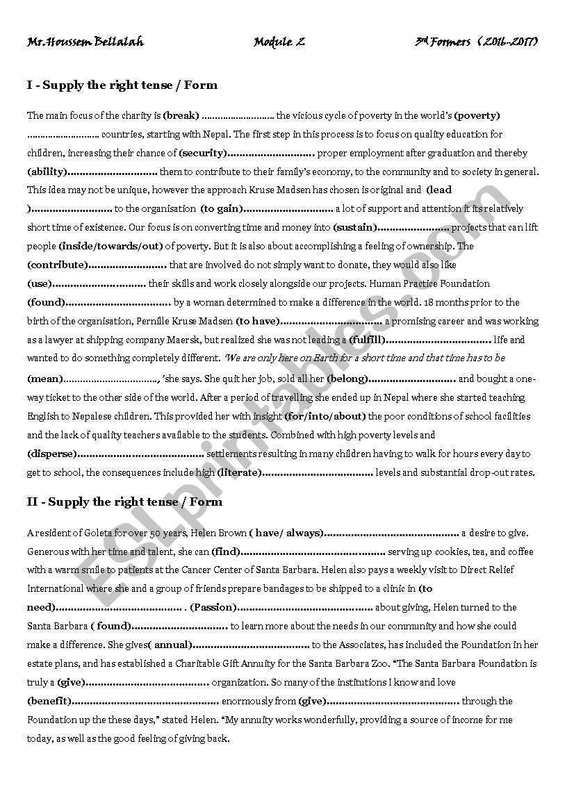 3rd Form Module 2 Review Exercices ( Philanthropy ) 