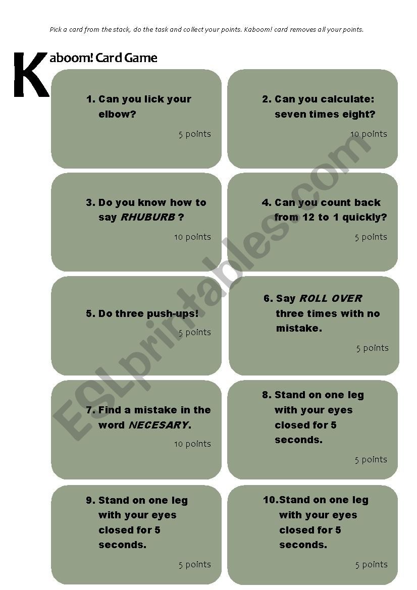 KABOOM! CARD GAME worksheet