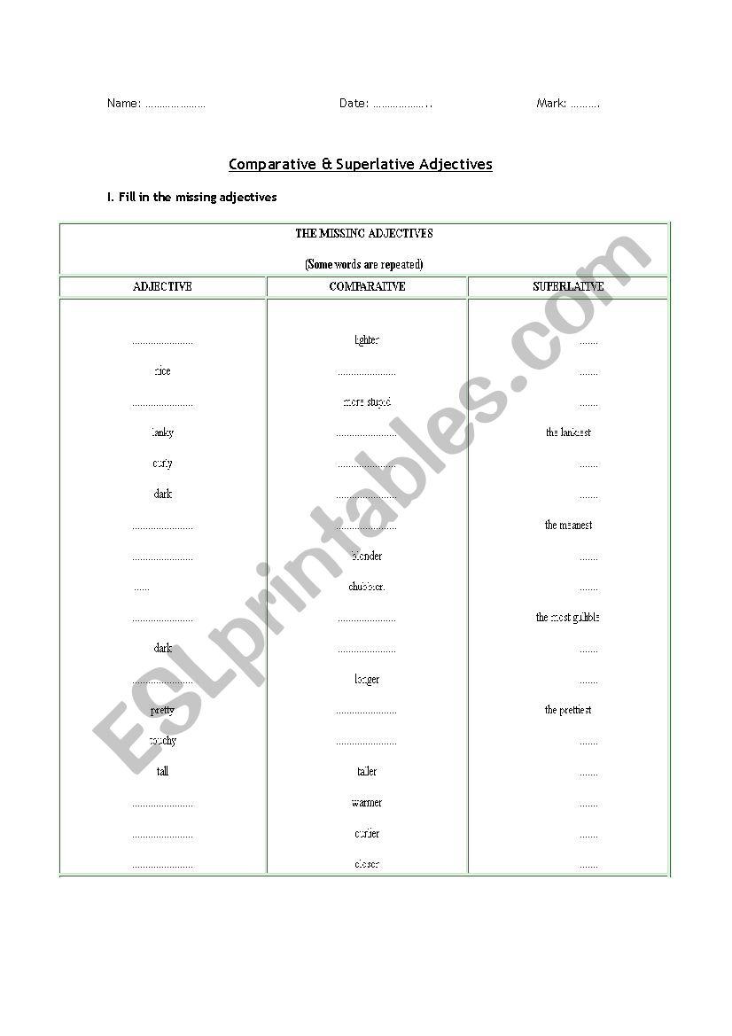 Comparatives and Superlatives worksheet