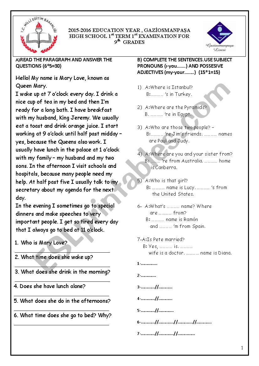 EXAM for 9th GRADE  worksheet