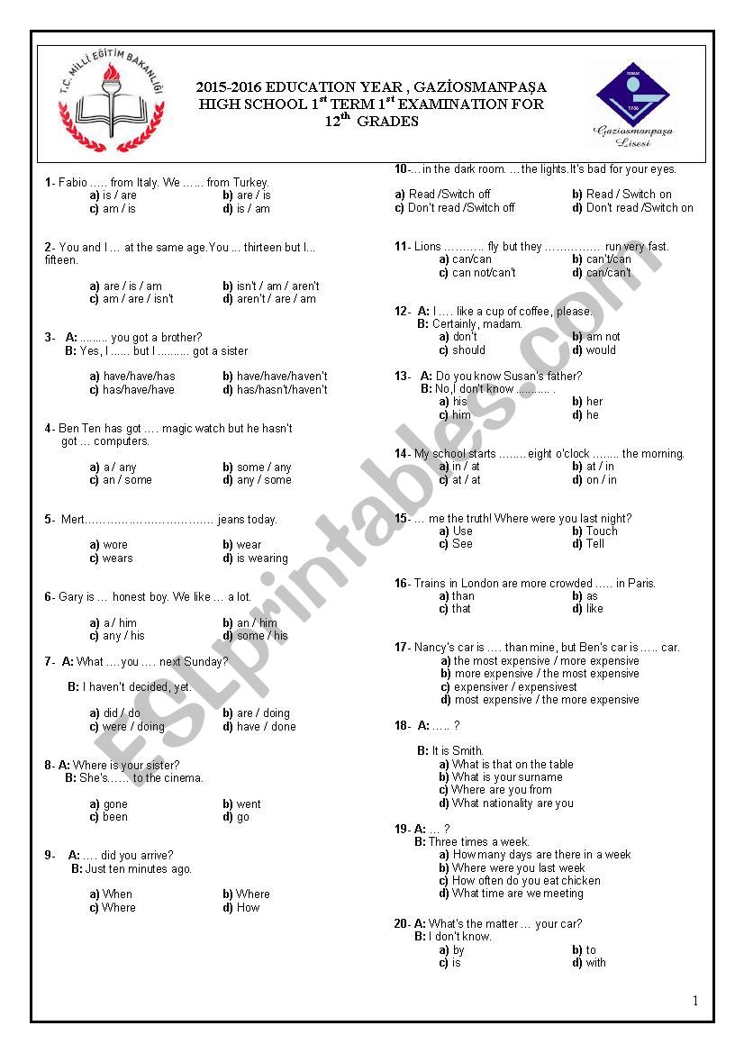 15/16 GRADE 12 1st TERM 1st TEST 