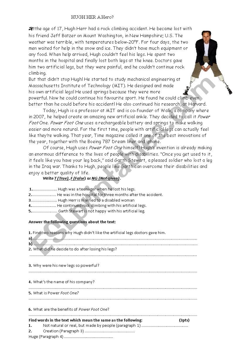 Hugh Herr a modern hero. worksheet