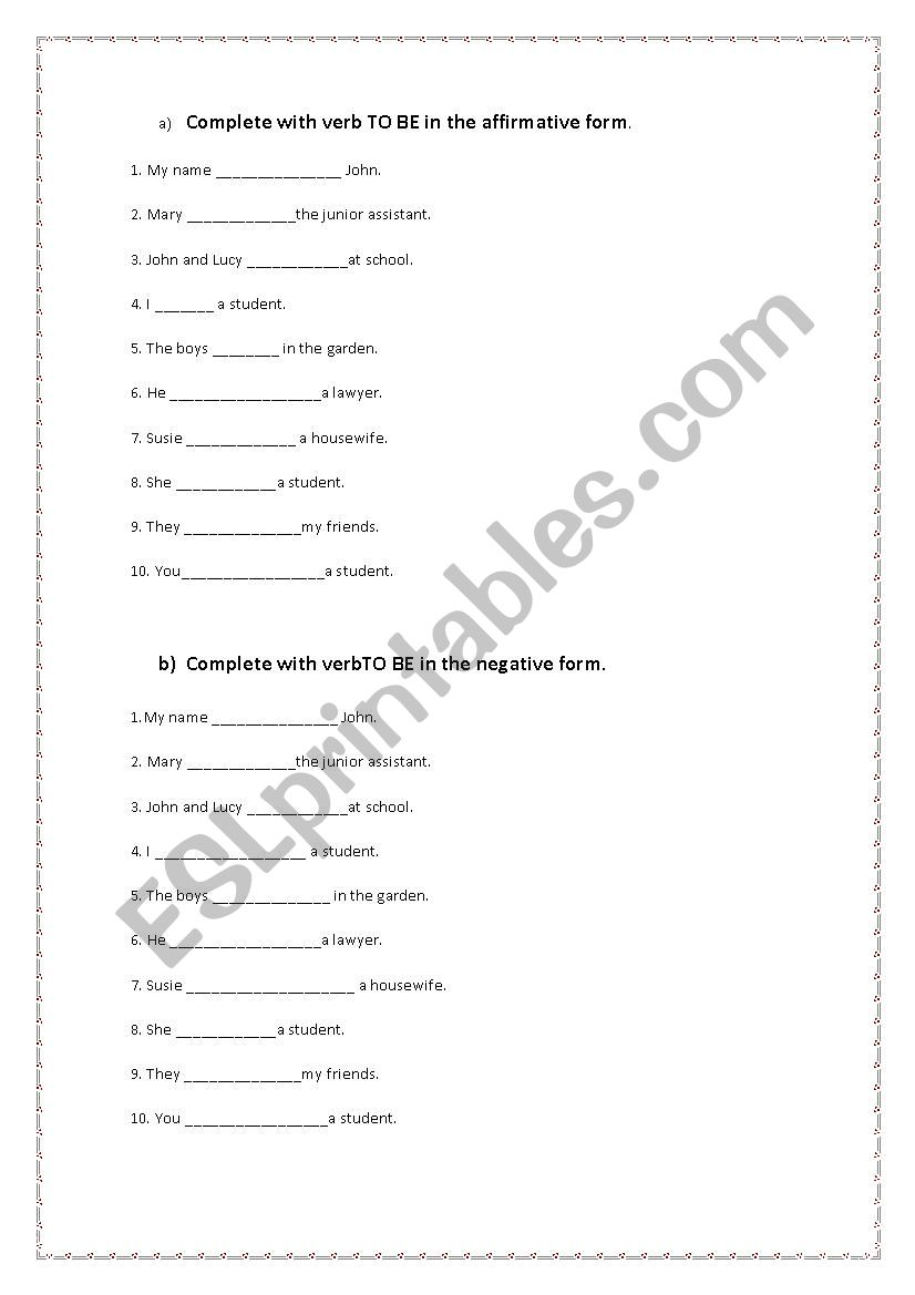 Verb TO BE - affirmative and negative form