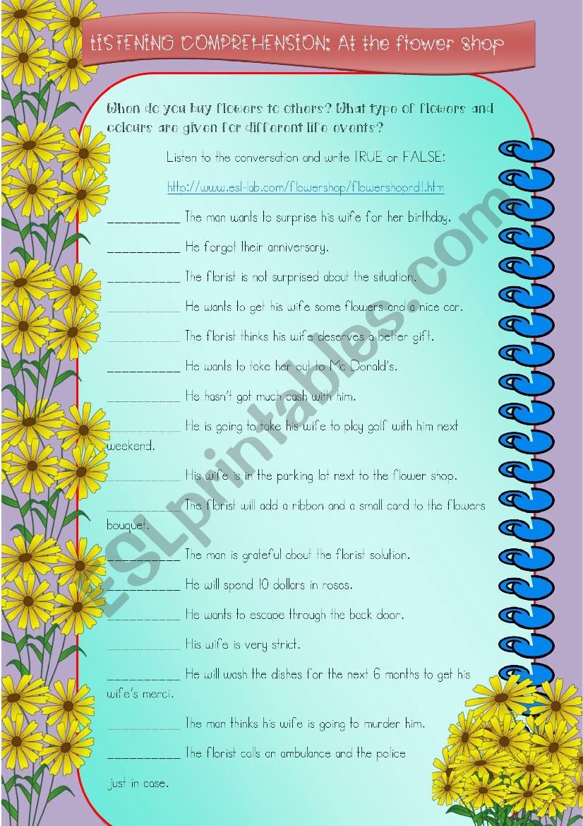 Listening comprehension: At the flower shop (with AUDIO and ANSWER key)