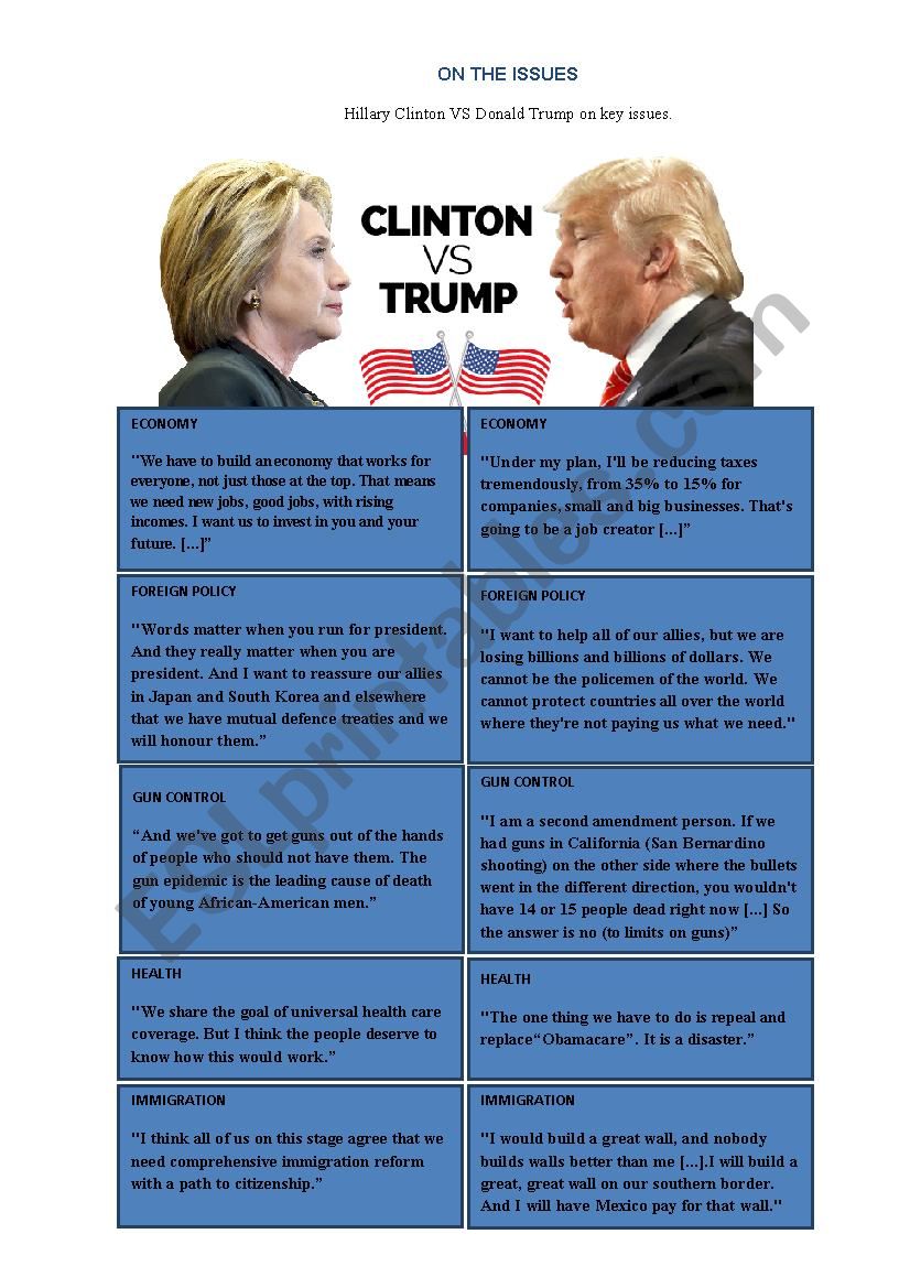 US election on the issues worksheet