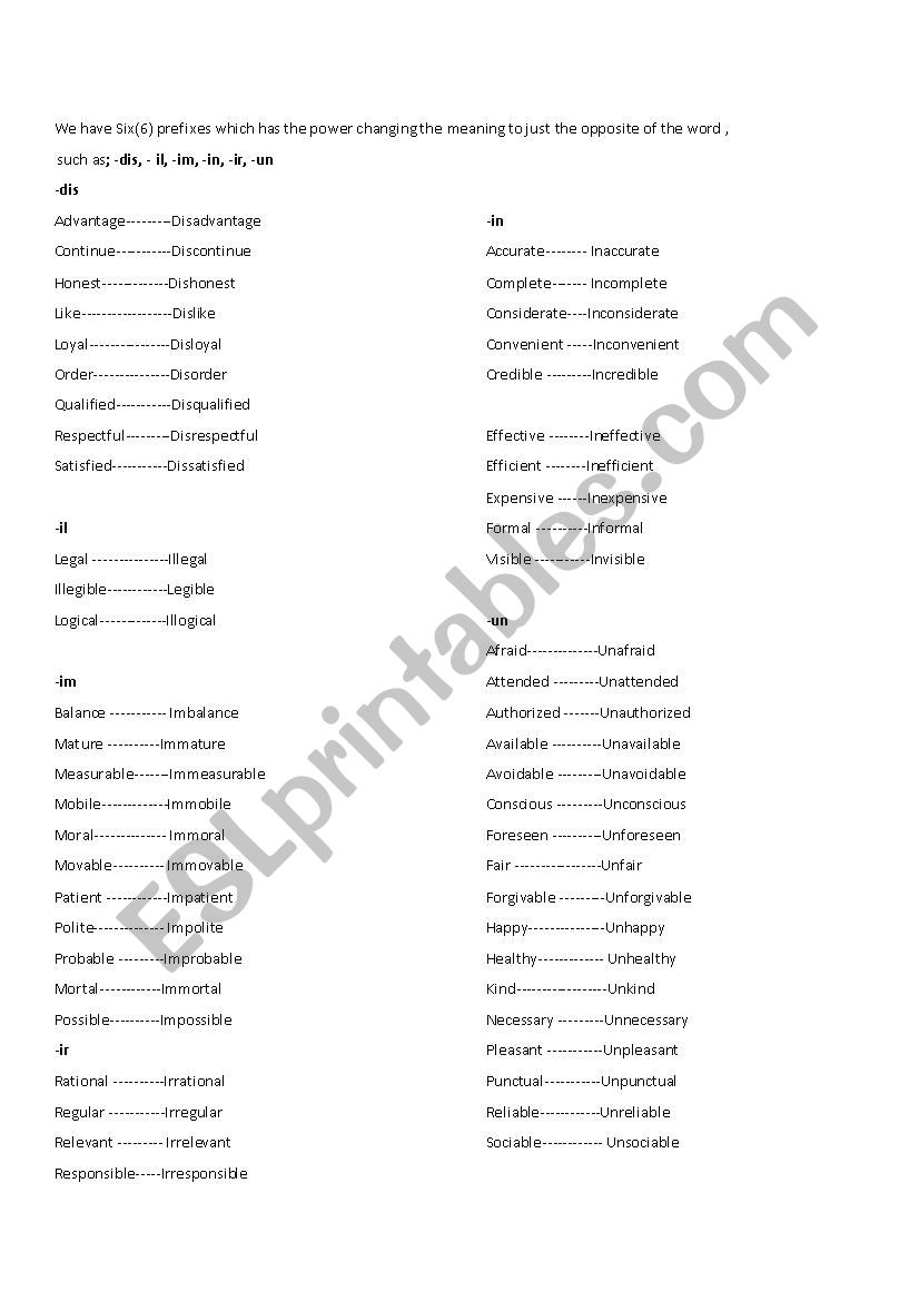 adjectives with negative maker prefixes