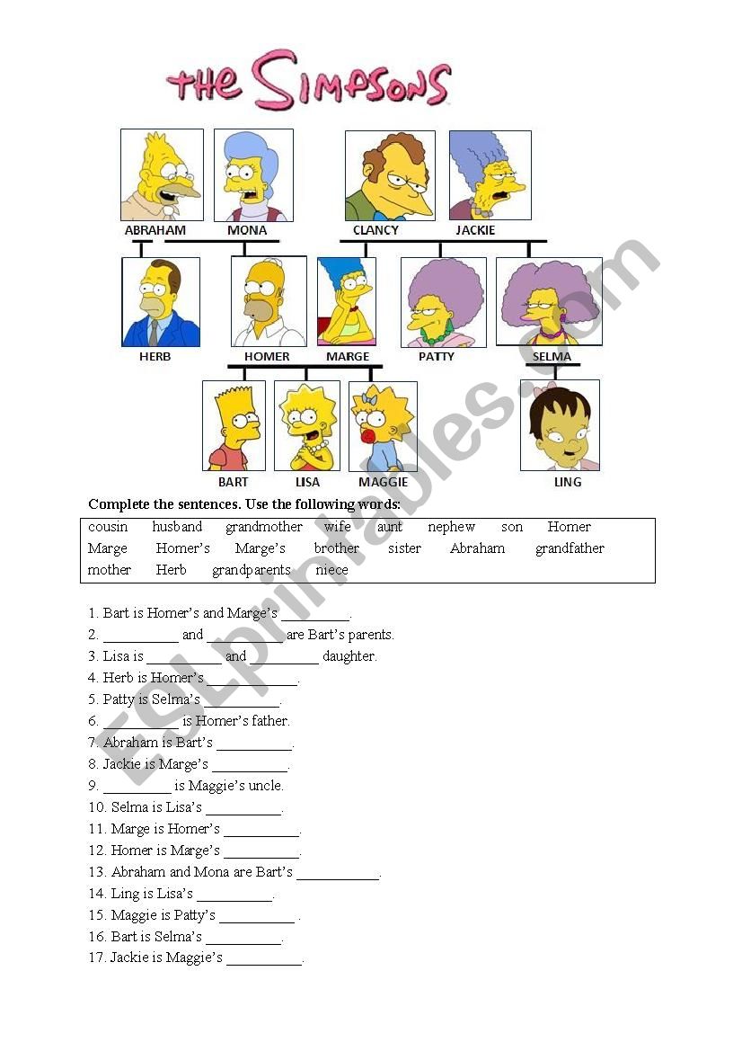 family members- the simpsons worksheet