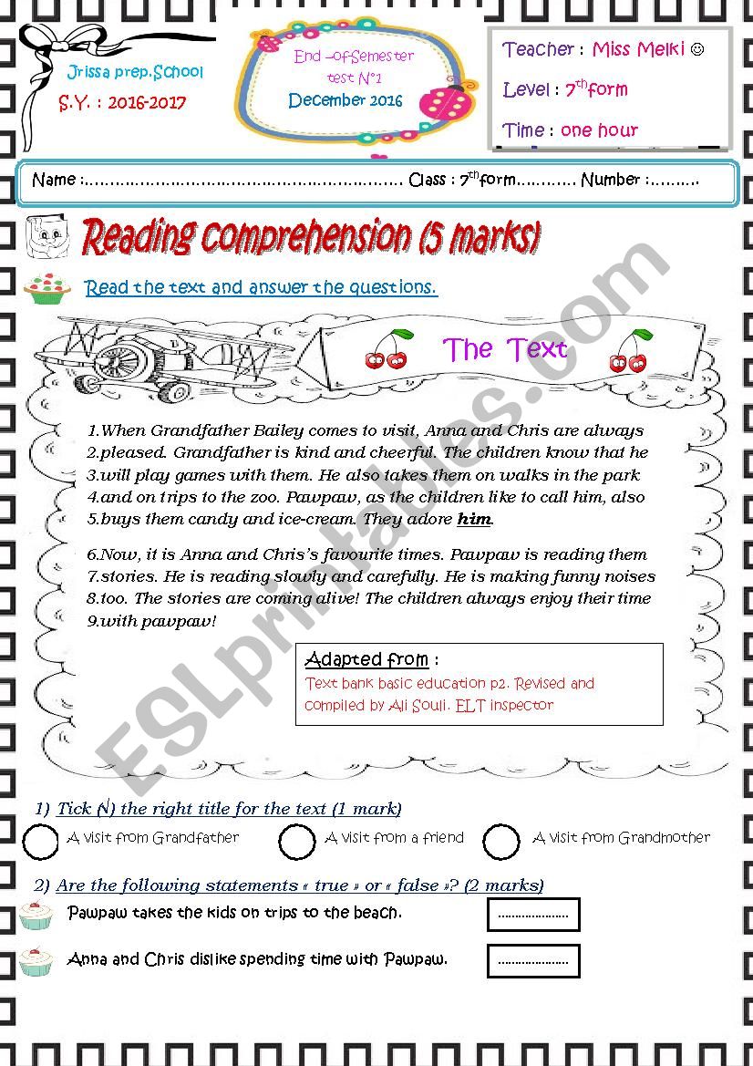 end of semester test NÂ°1.7th form Tunisian pupils