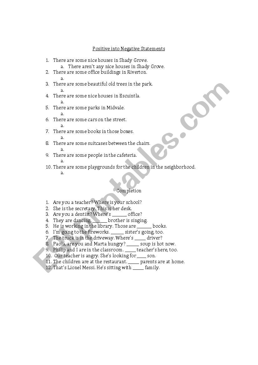 Completion worksheet