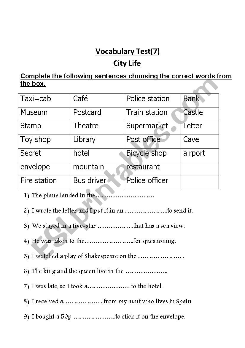 city places worksheet