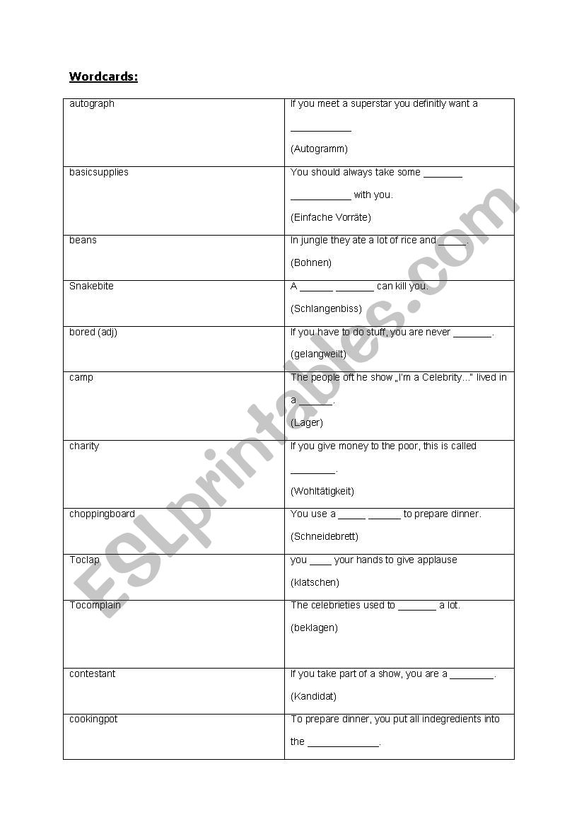 Vocab I´m a star get me out of here