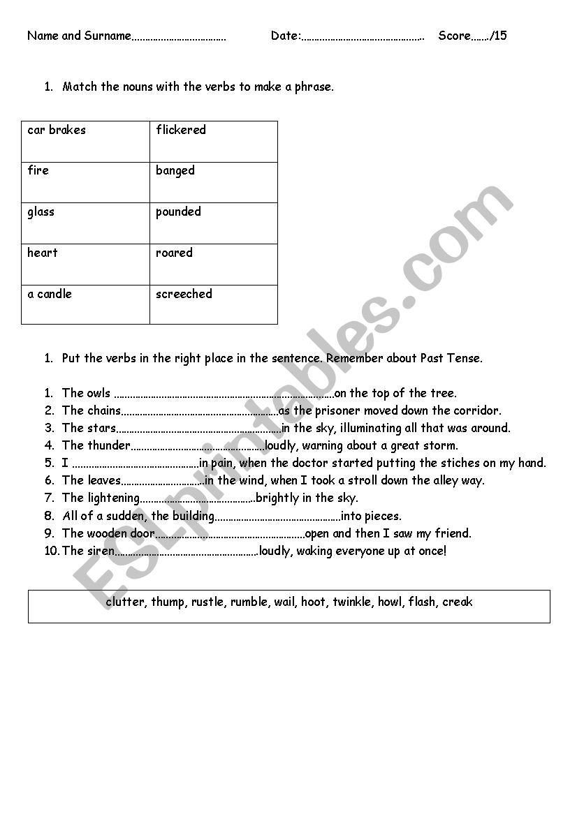 Onomatopoeia test worksheet