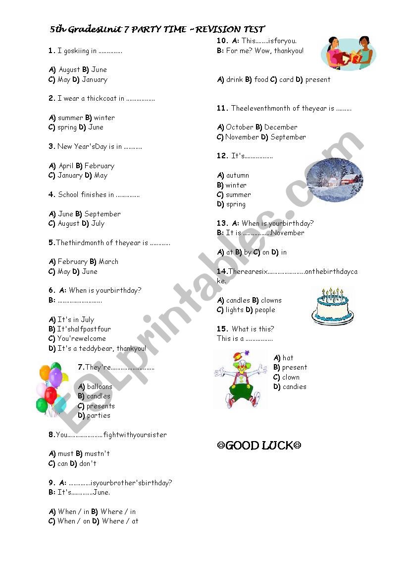 multiple choice test days months and seasons