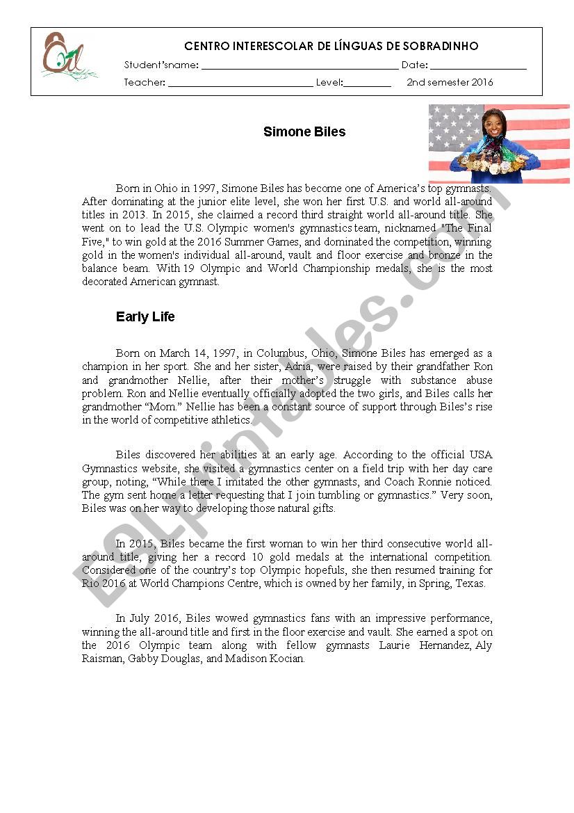 Simone Biles Sports worksheet