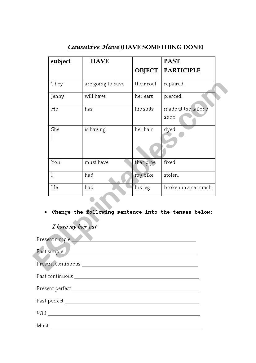 CAUSATIVE HAVE CHART worksheet