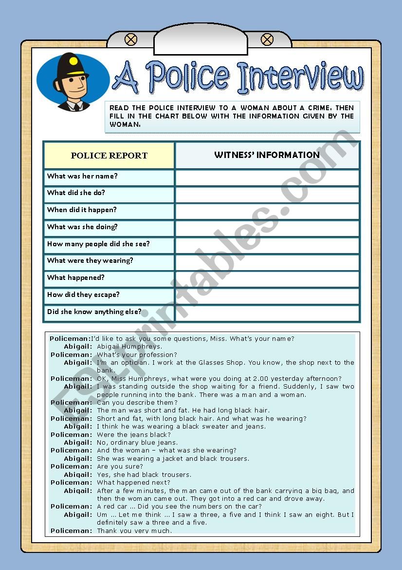 A POLICE INTERVIEW worksheet