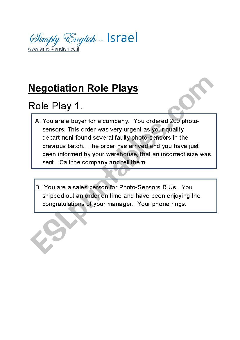 Negotiation Role Plays worksheet