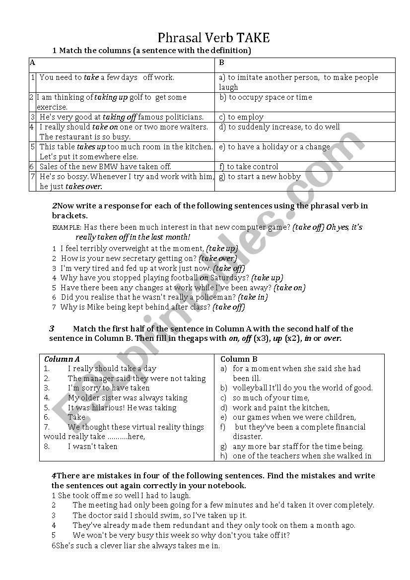 Phrasal Verb Take worksheet