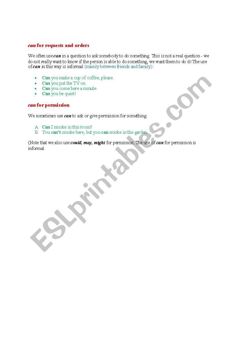 use of can (B) worksheet