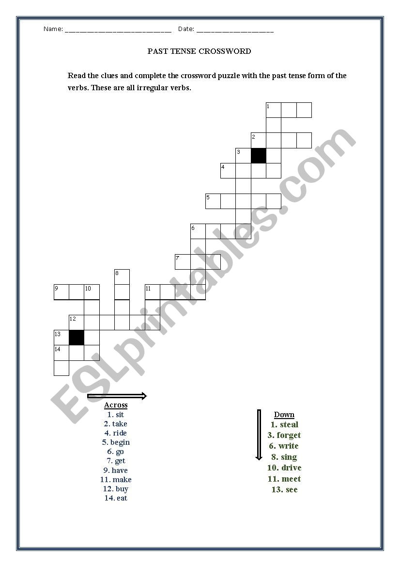 Past Simple Verbs Crossword worksheet