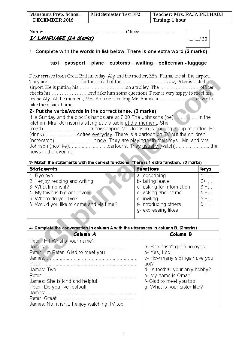 mid semester 2 grade 7 Tunisian program