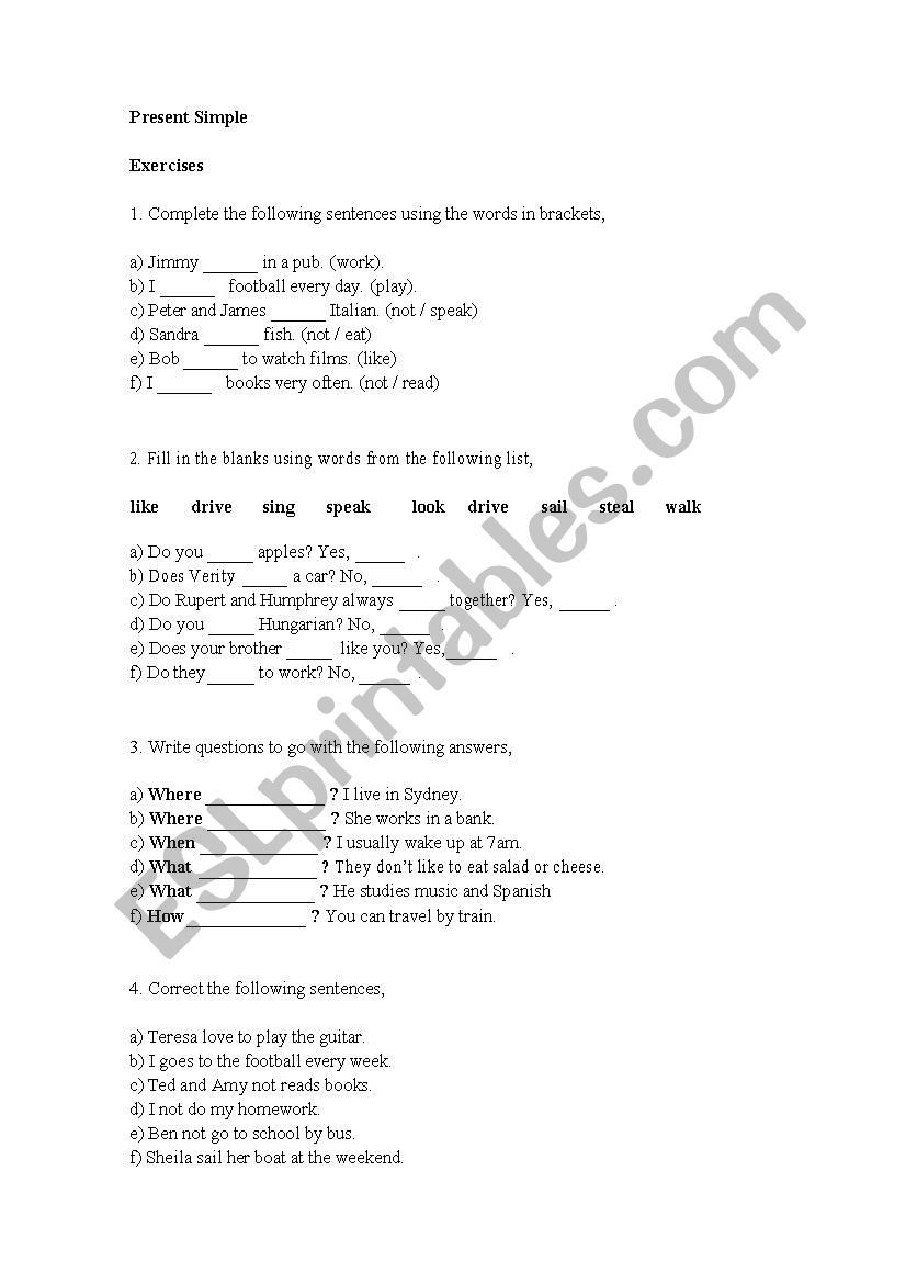 Present Simple exercises worksheet