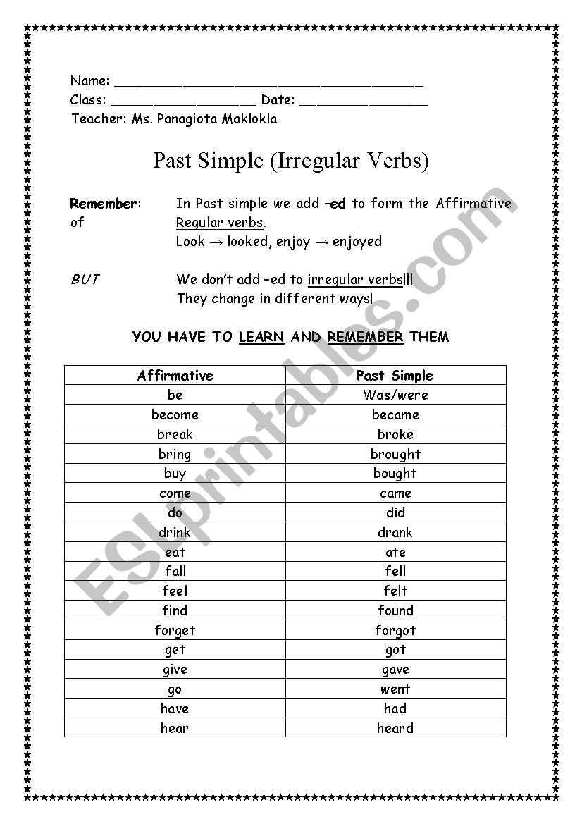 Past Simple Irtegular verbs worksheet