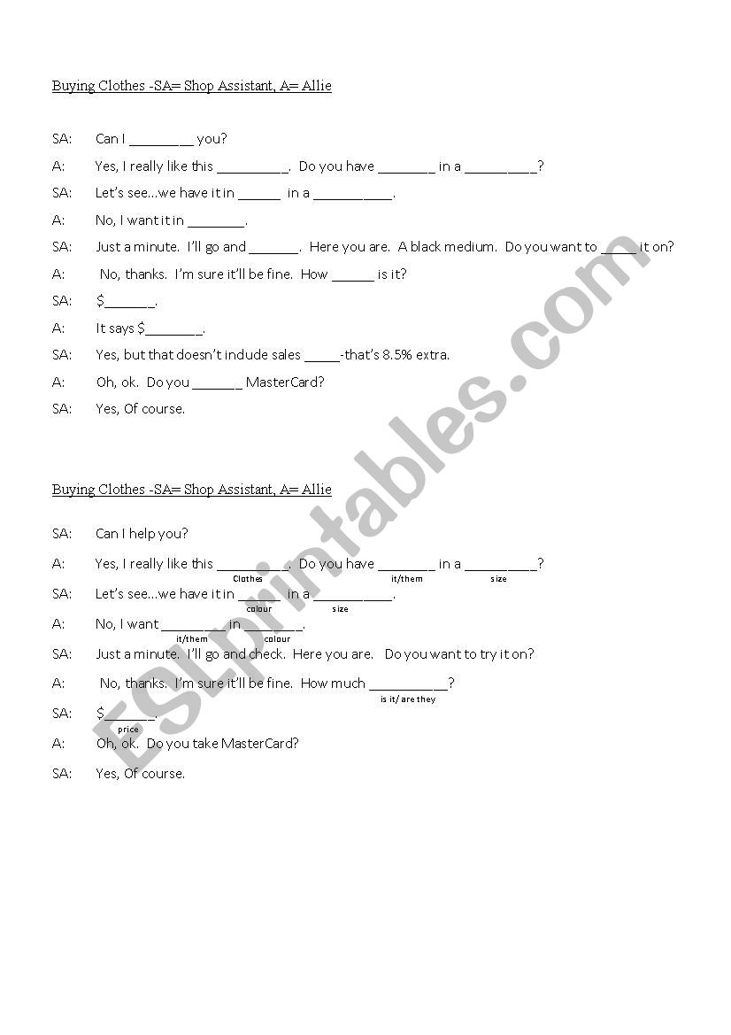 Shopping role play worksheet