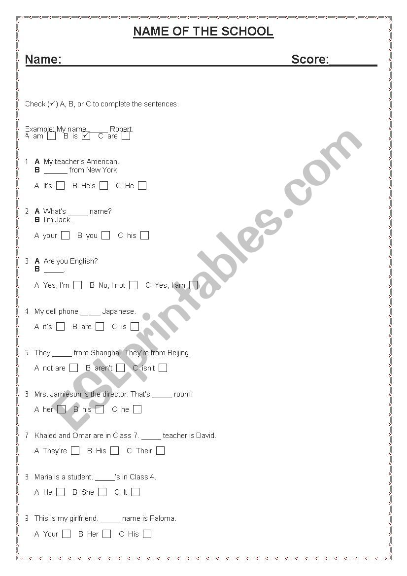 Test 6 th grade worksheet