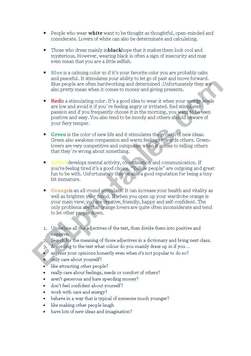 true colours  worksheet