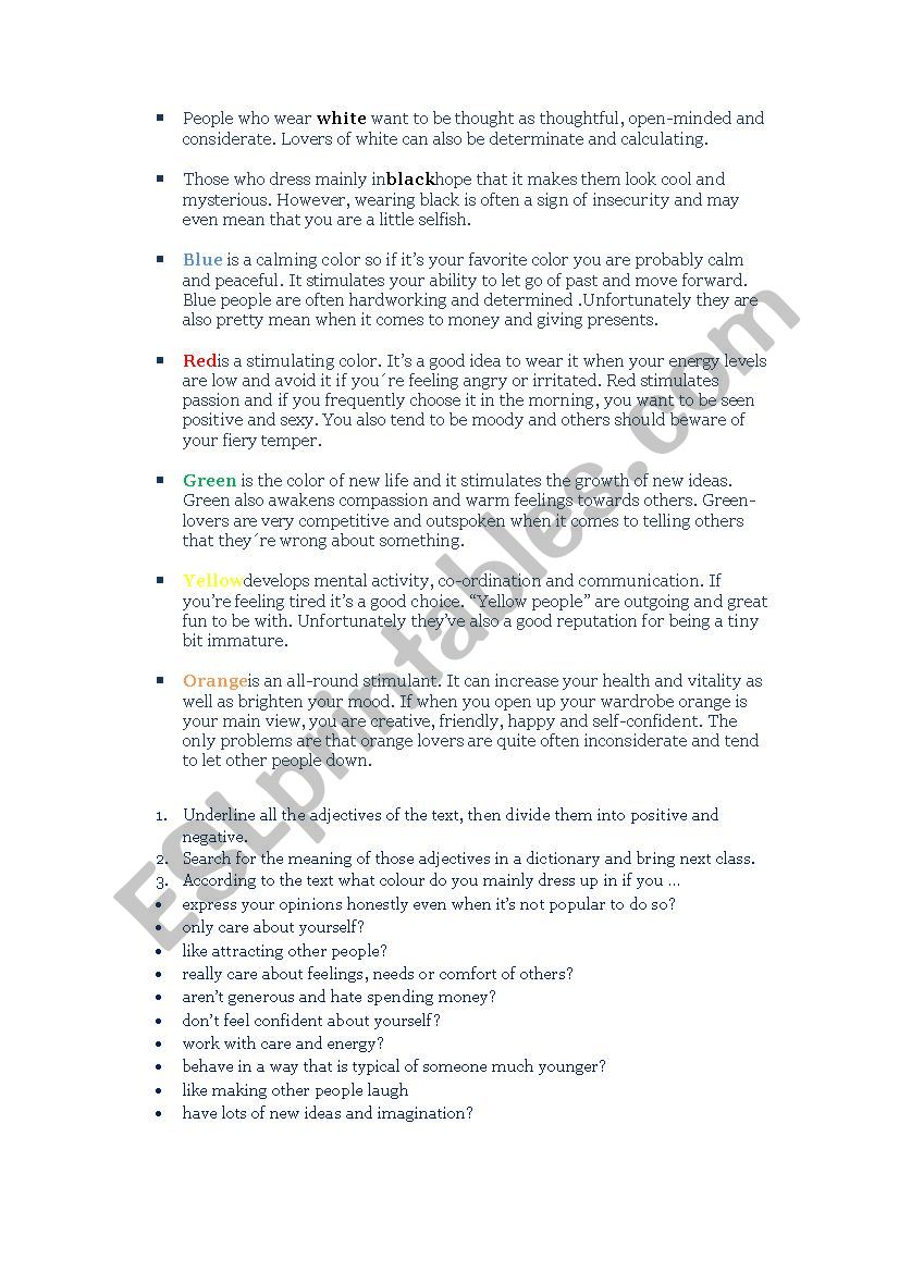 true colours  worksheet