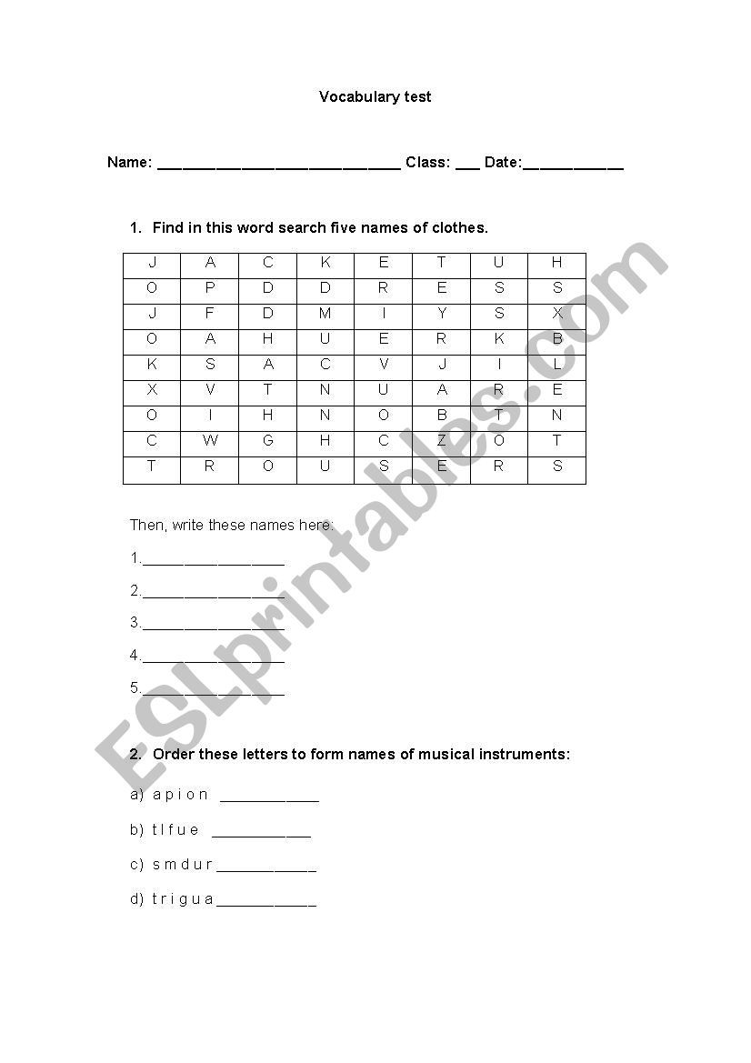 Vegetables vocabulary worksheet or test