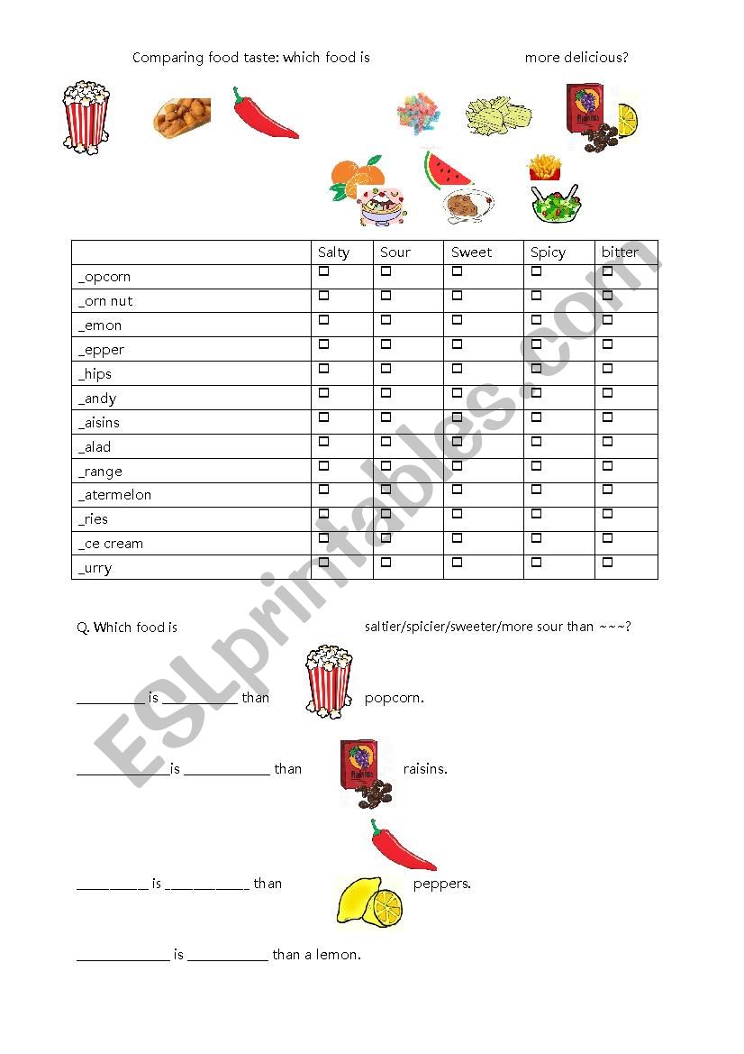 Comparative with food taste worksheet