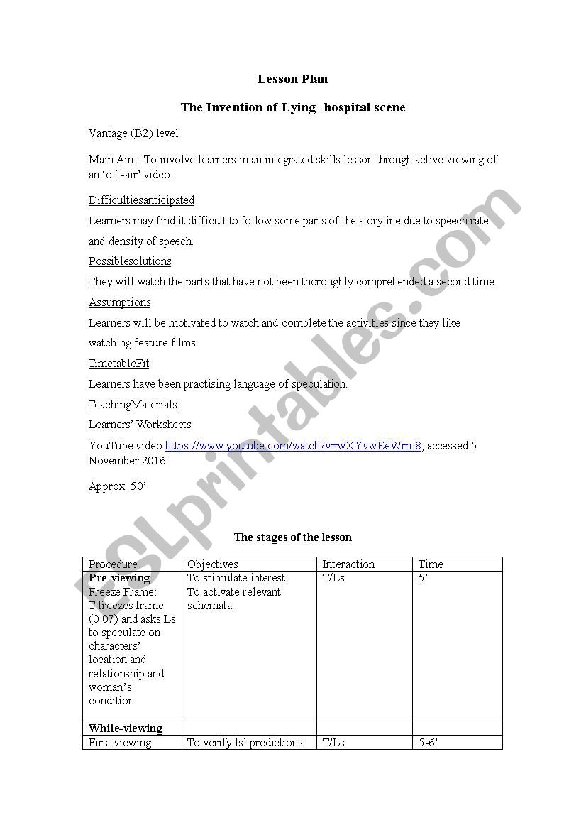 Lesson plan- The invention of lying-hospital scene