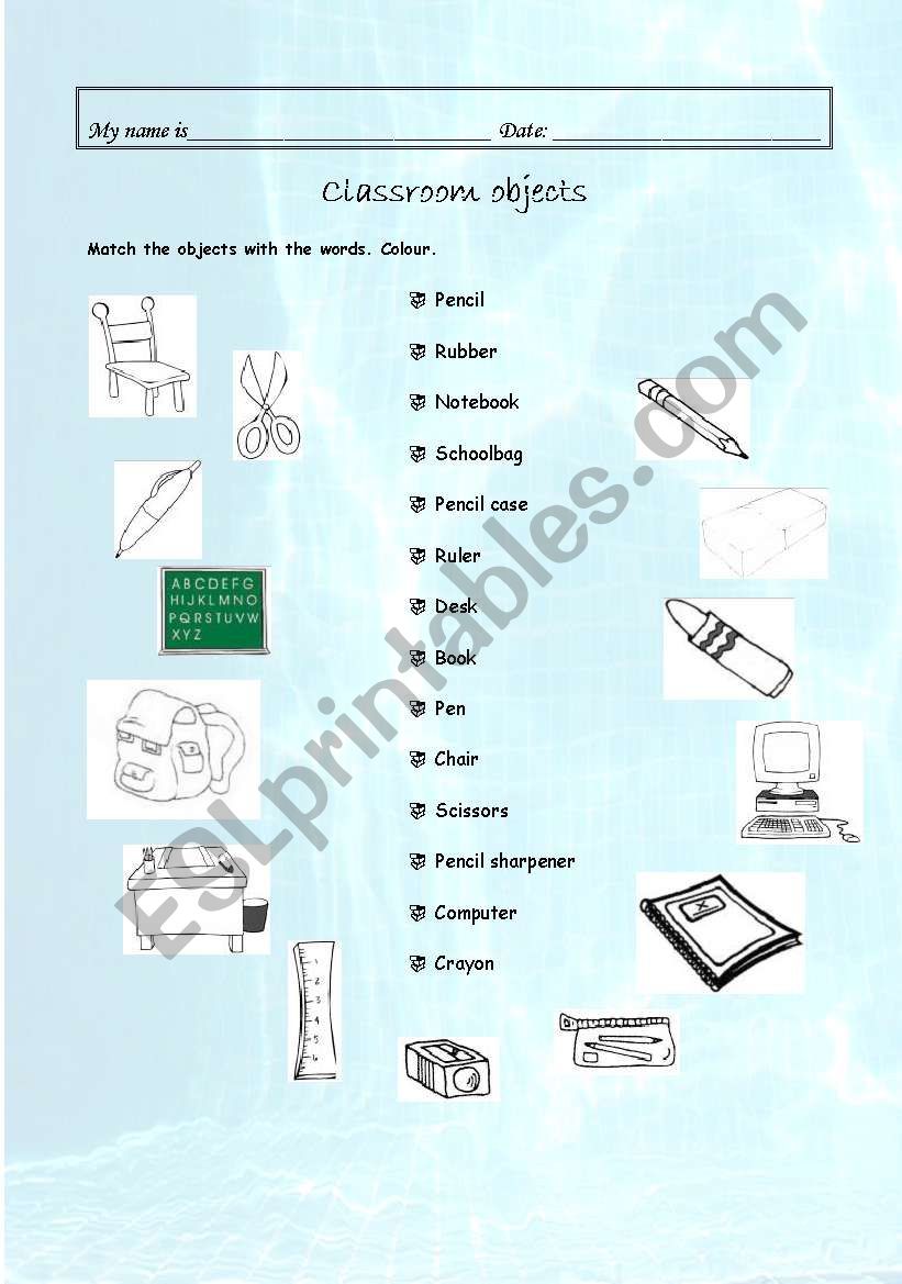 Classroom objects - match worksheet