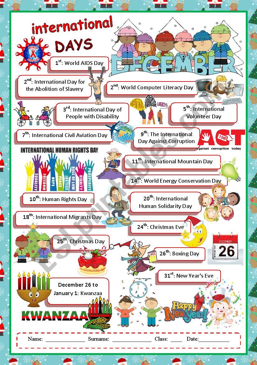 December International Days worksheet