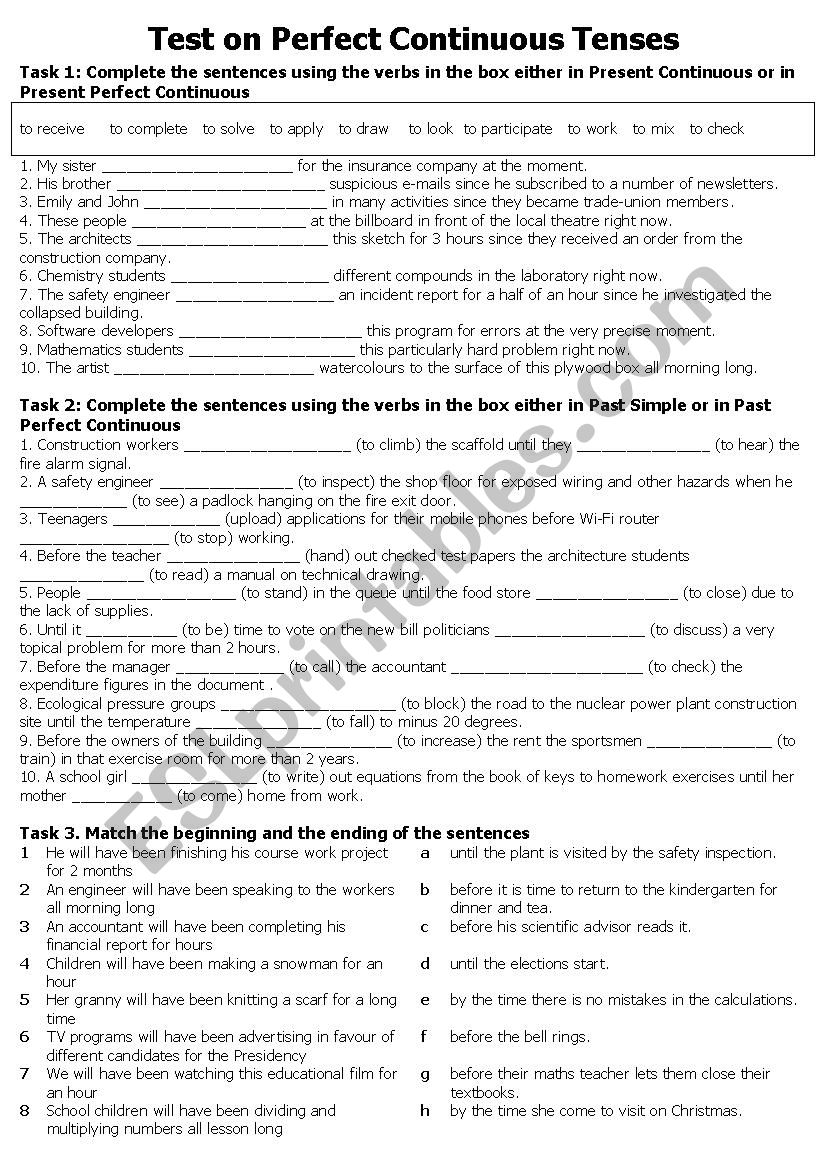 Perfect Continuous Tenses worksheet
