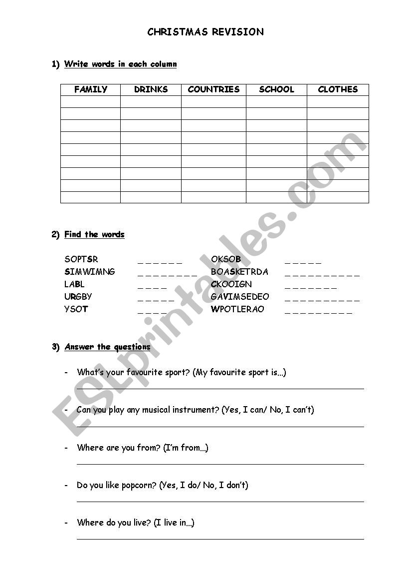 CHRISTMAS REVISION EXERCISES worksheet