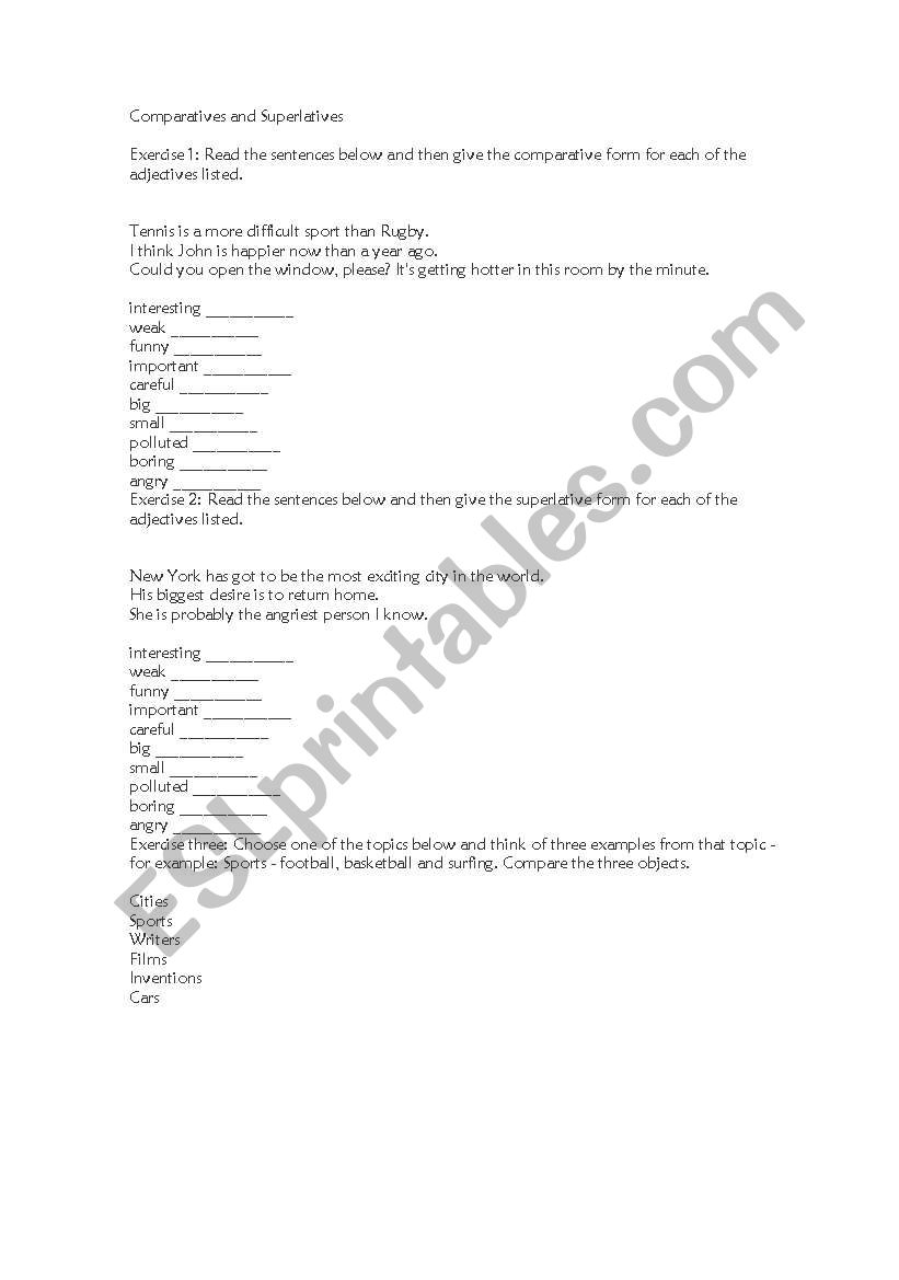 Comparatives and Superlative worksheet